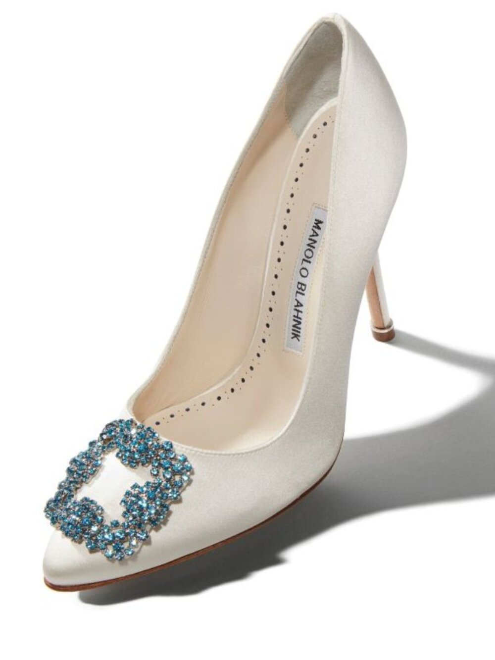Manolo Blahnik HANGISI Bridal 90 White Satin Jewel Buckle Pumps